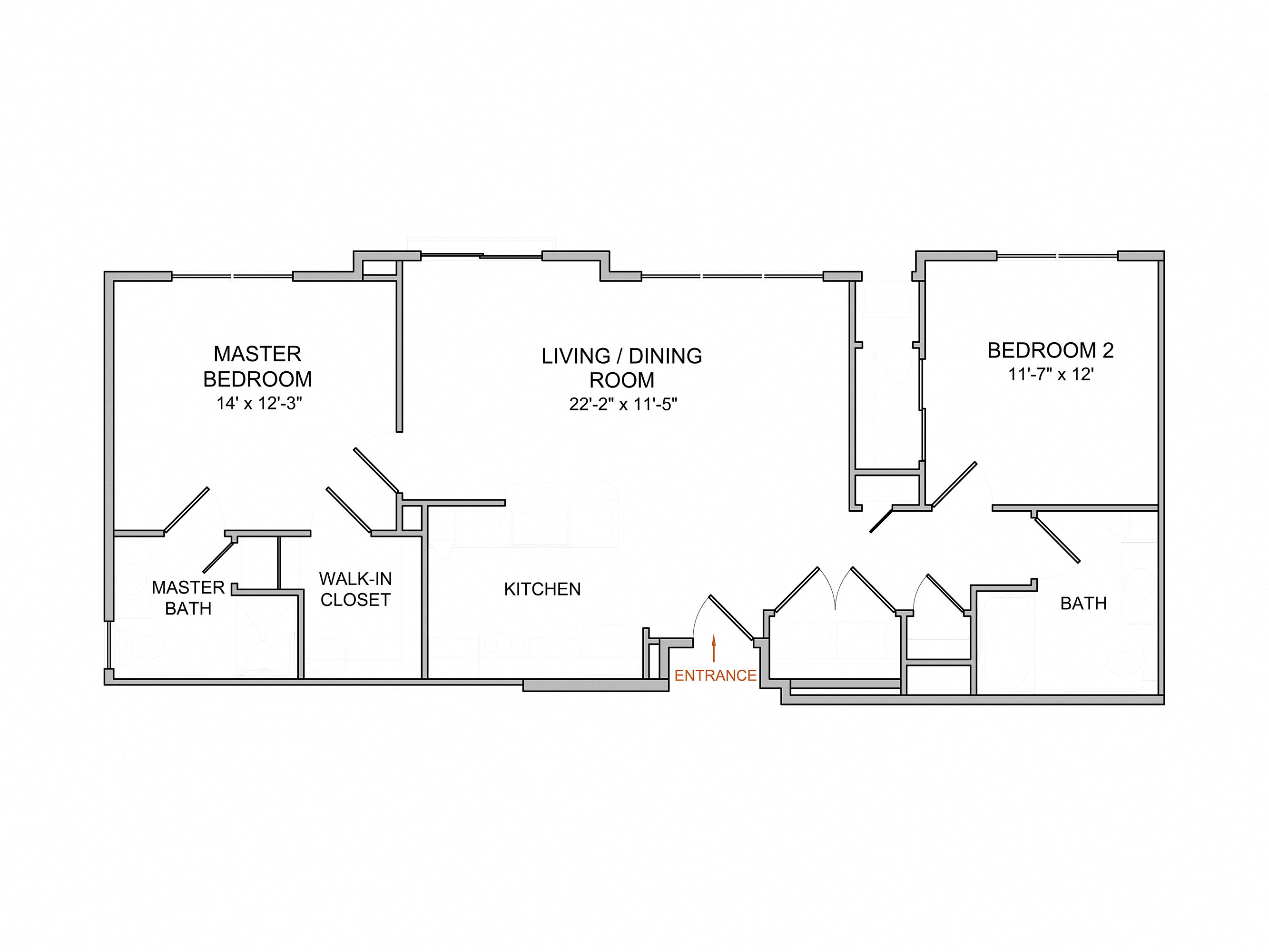 Floor plan for 2 beds, 2 baths, 1100 sqft